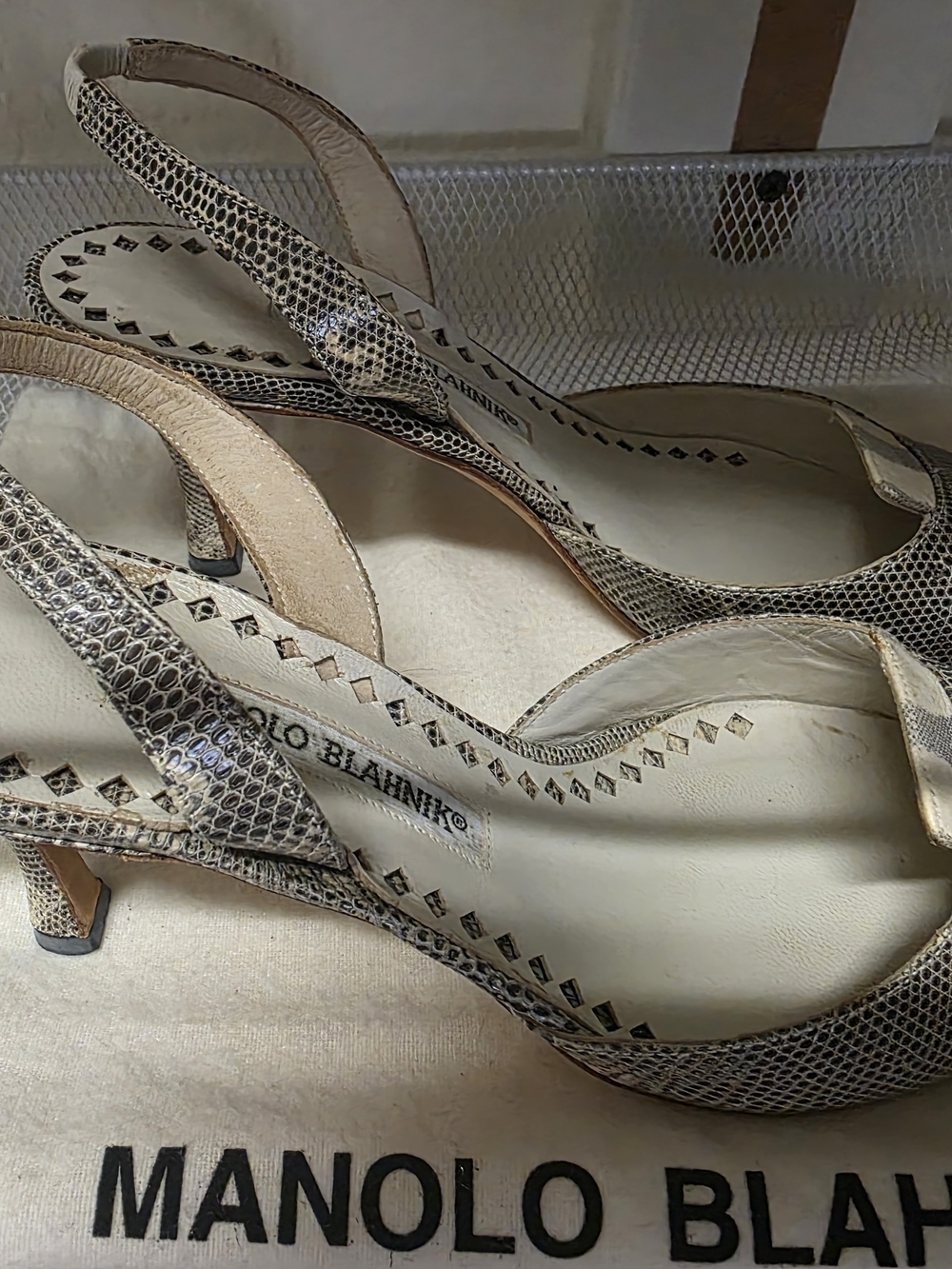 Manolo Blahnik Beige Snake-Print Slingback Heel